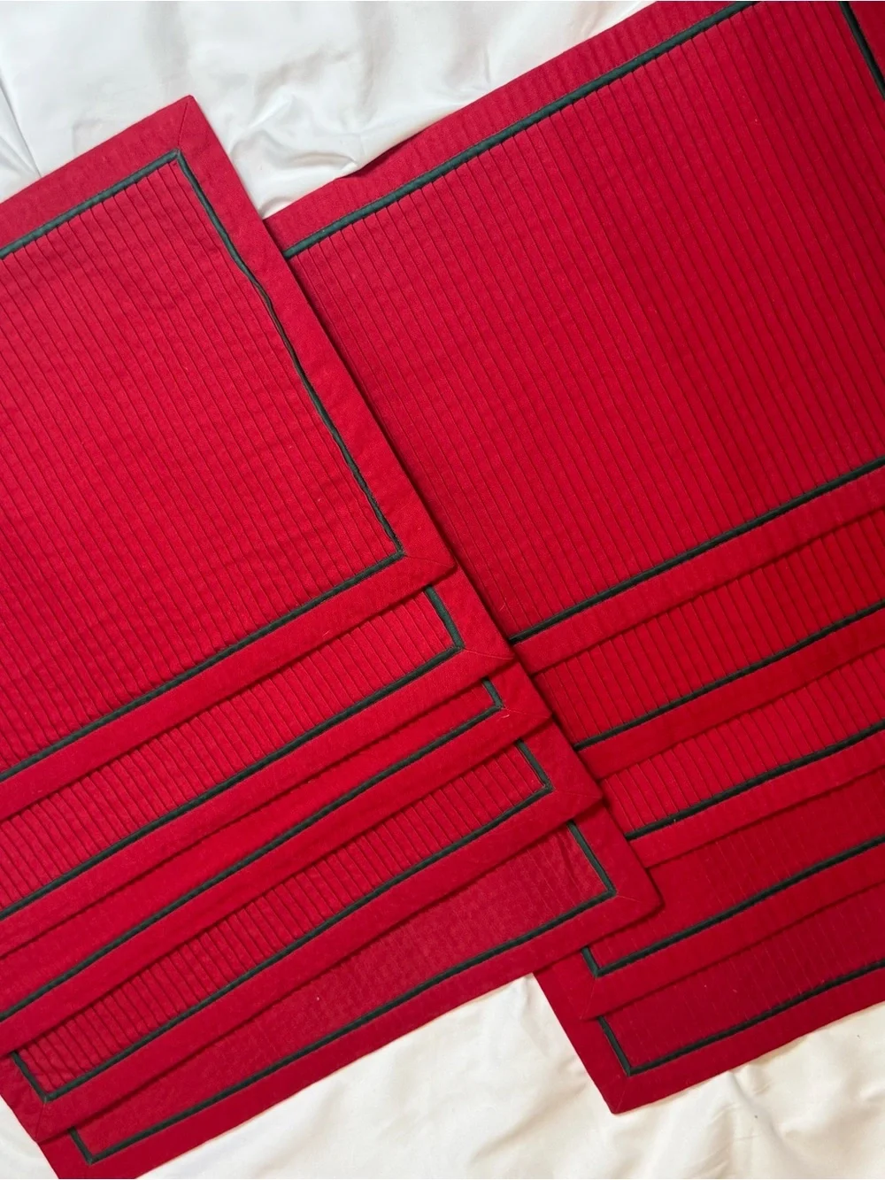 Red Pleated Placemats with Green Piping - Set of 10
